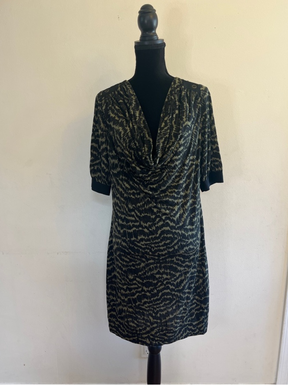 Trina Turk Olive and Black Draped V-Neck Midi Dress